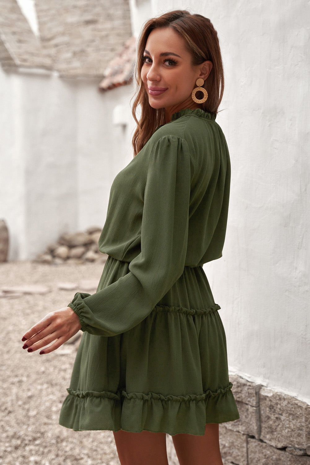 Green V Neck Long Sleeve Ruffle Tiered Mini Dress