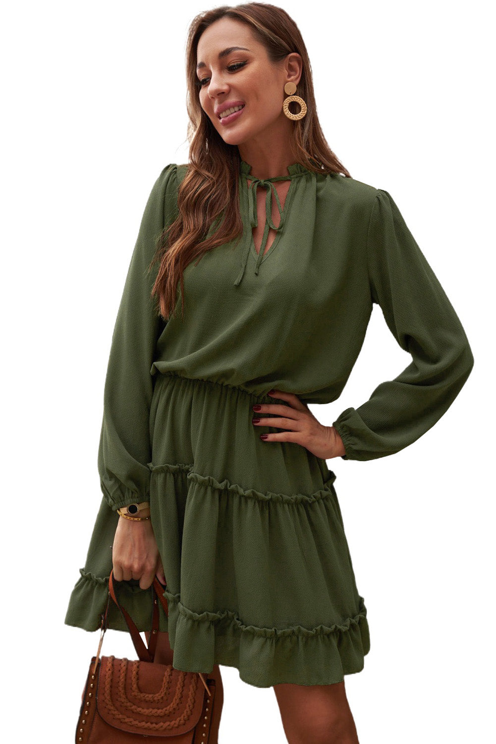 Green V Neck Long Sleeve Ruffle Tiered Mini Dress