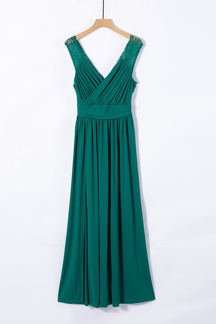 Green V Neck Zip Backless Lace Splicing Side Split Party Maxi Dress