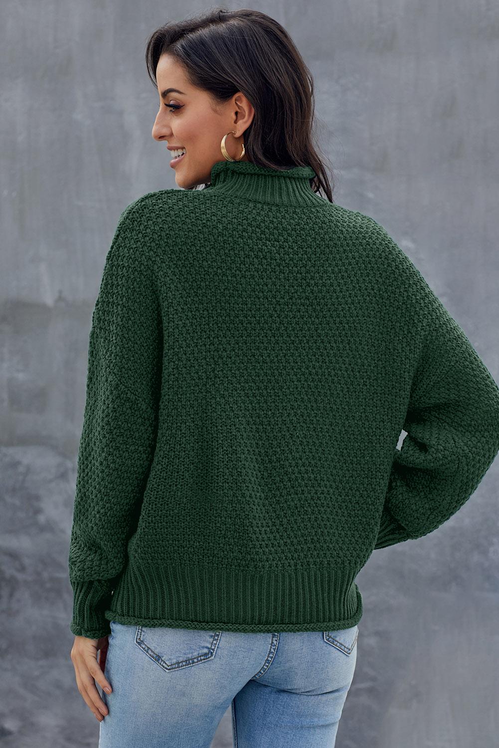 Green Chunky Batwing Long Sleeve Turtleneck Sweater