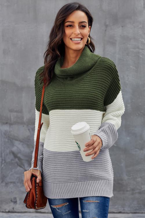 Green Gray Color Block Turtleneck Pullover Sweater