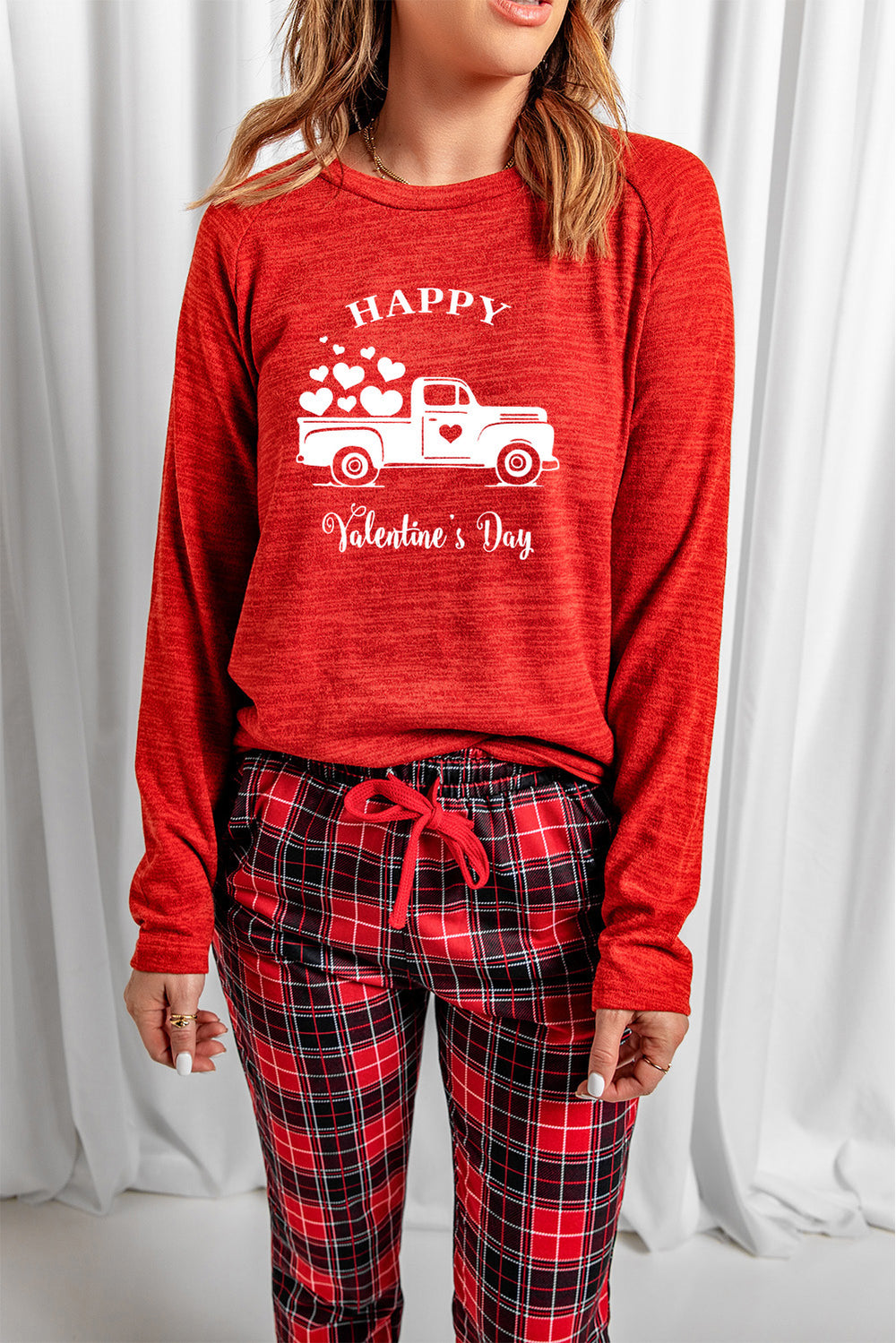 HAPPY Valentine's Day Plaid Long Sleeve Lounge Set