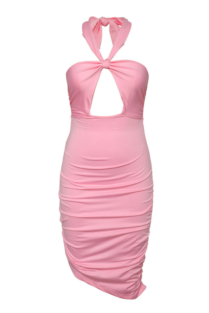 Halter Cut-out Ruched Asymmetric Knee-length Party Dress