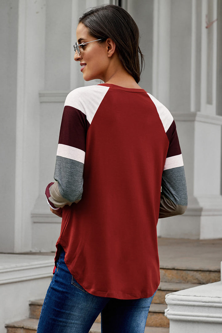 Hot Sale Color Block Long Sleeves Burgundy Pullover Top