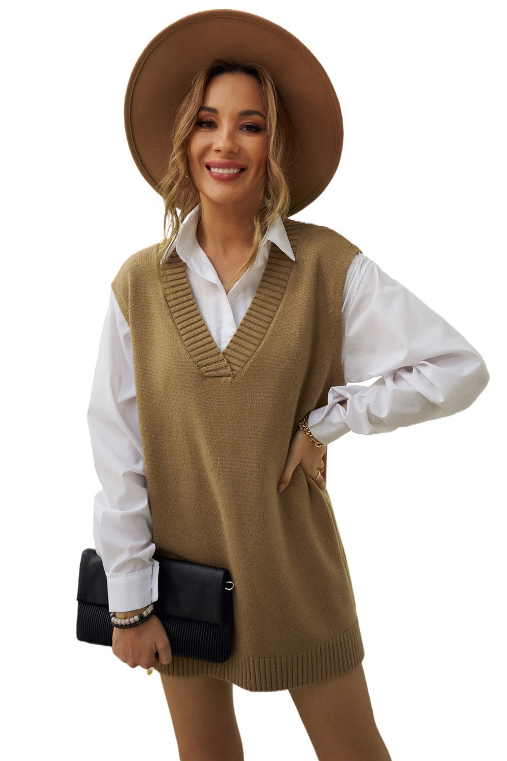 Casual Khaki Knit Pullover Vest Sweater