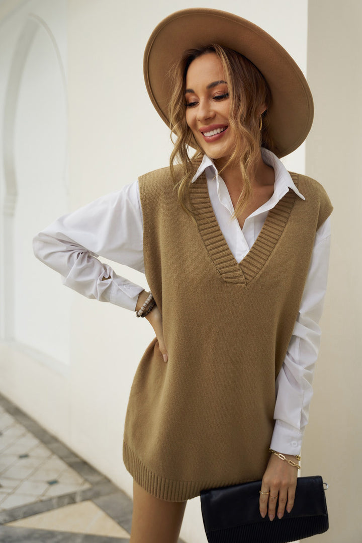 Casual Khaki Knit Pullover Vest Sweater