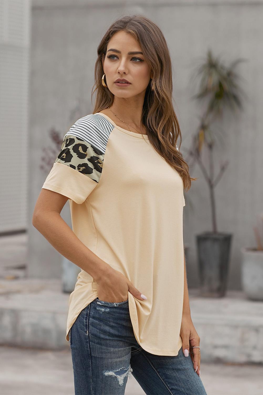 Khaki Striped Leopard Print Short Sleeve T-shirt For Women
