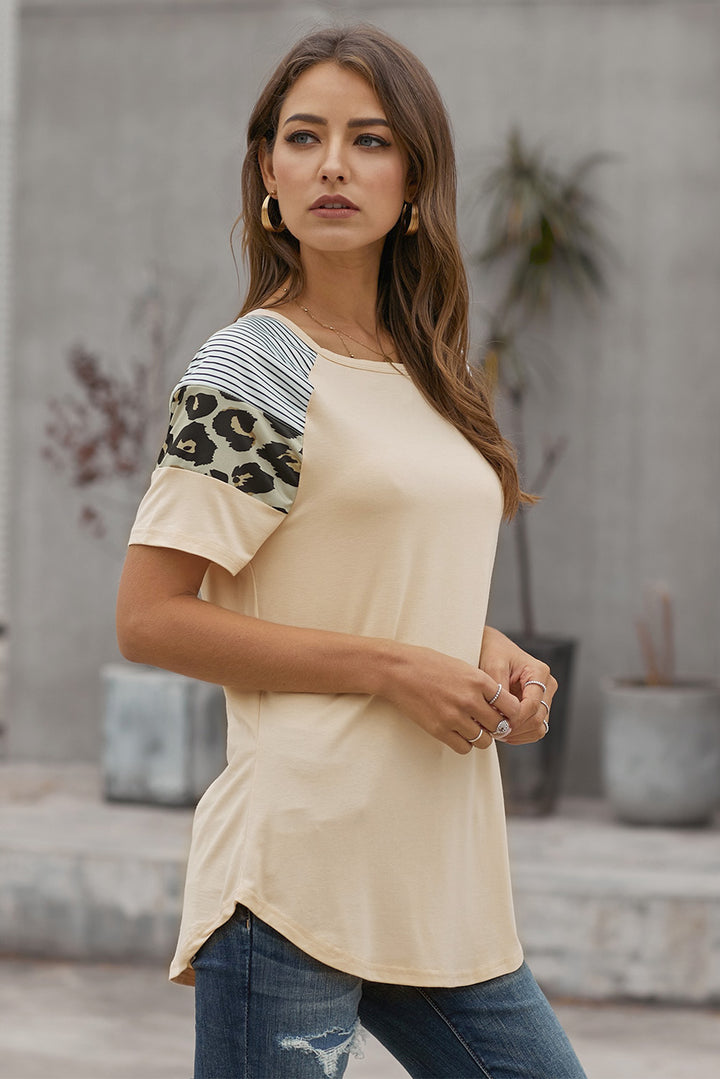Khaki Striped Leopard Print Short Sleeve T-shirt For Women
