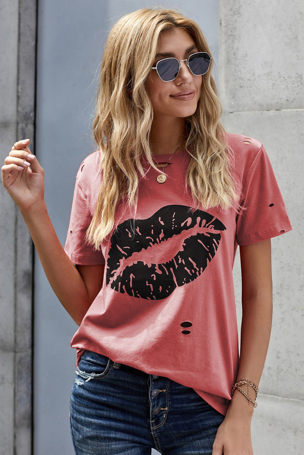 Kiss The Lip Distressed Red Cotton Short Sleeve Tee
