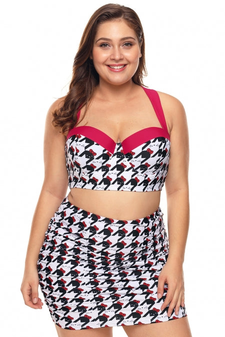 Kitty Print Plus Size Bikini Top with Skirt Swimwear