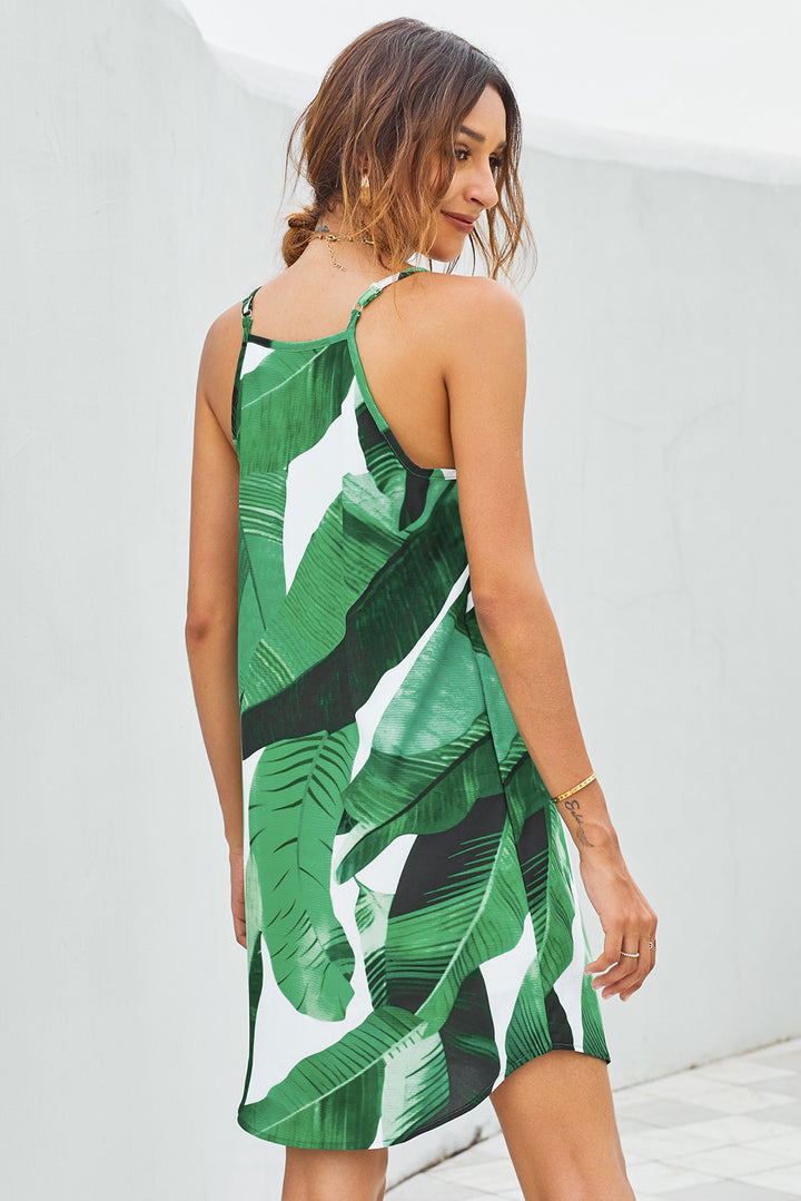 Green Leaf Print Sleeveless Summer Dress