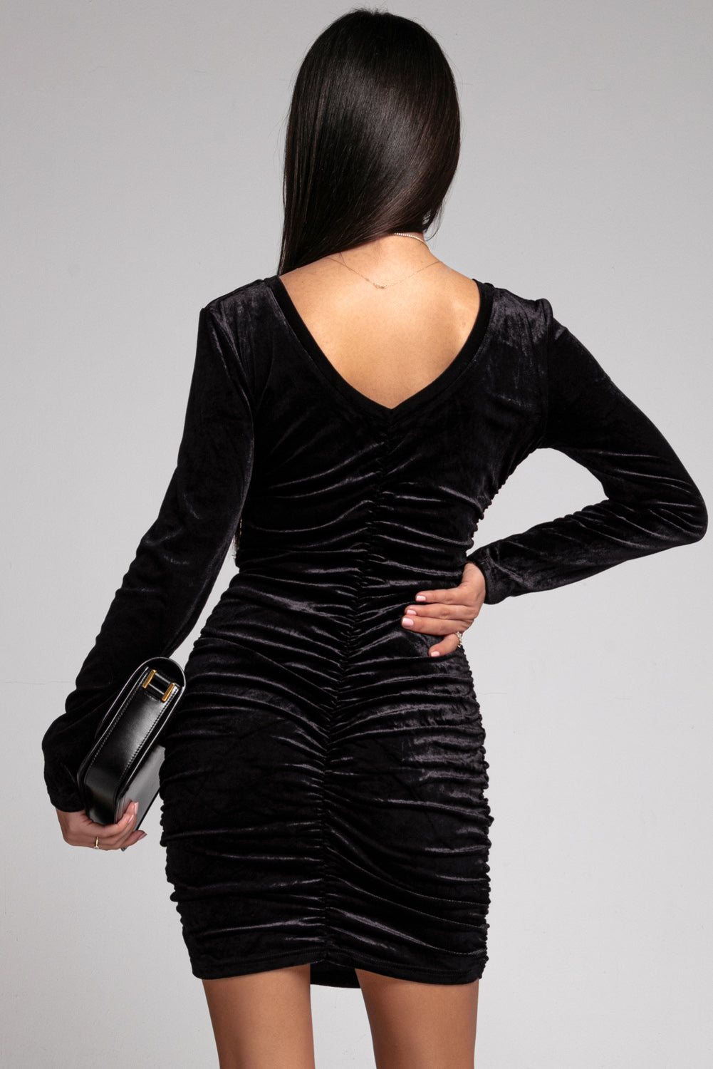 Black Long Sleeve Ruched Bodycon Velvet Dress