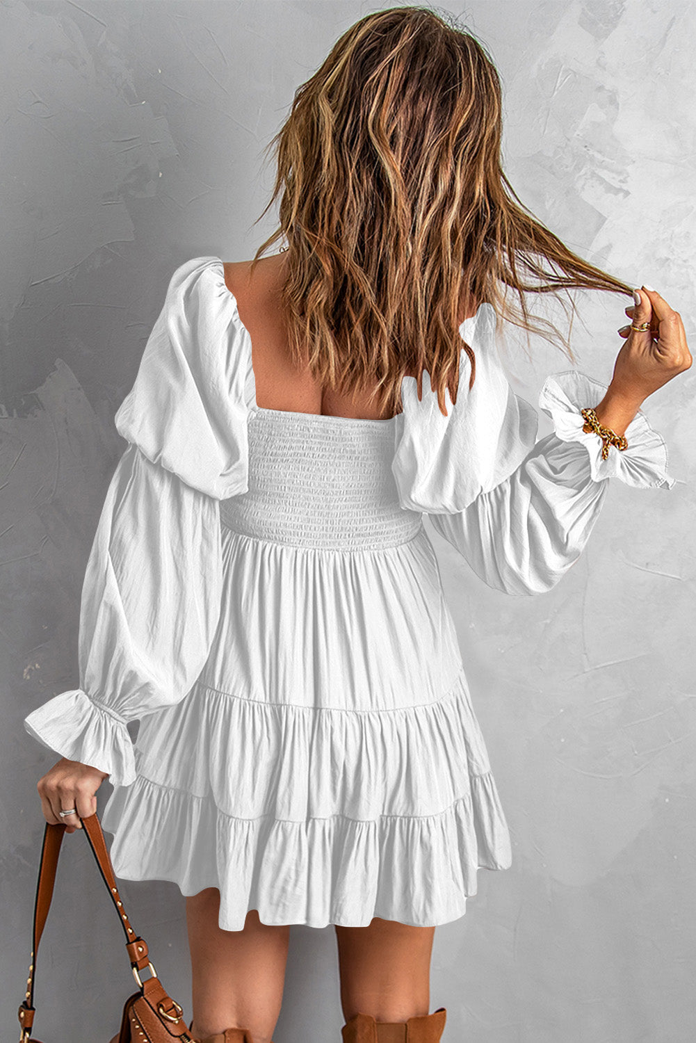 White Boho Long Sleeve Shirred Ruffle Mini Dress
