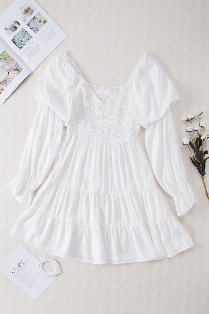 White Boho Long Sleeve Shirred Ruffle Mini Dress
