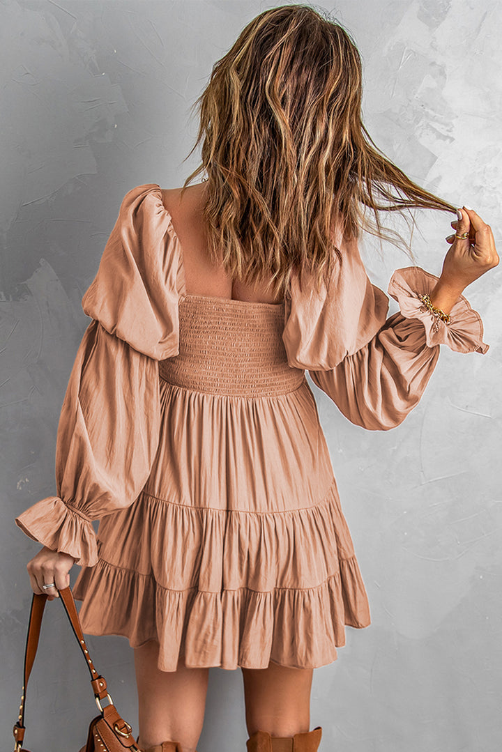 Pink Boho Off Shoulder Shirred Ruffle Mini Dress