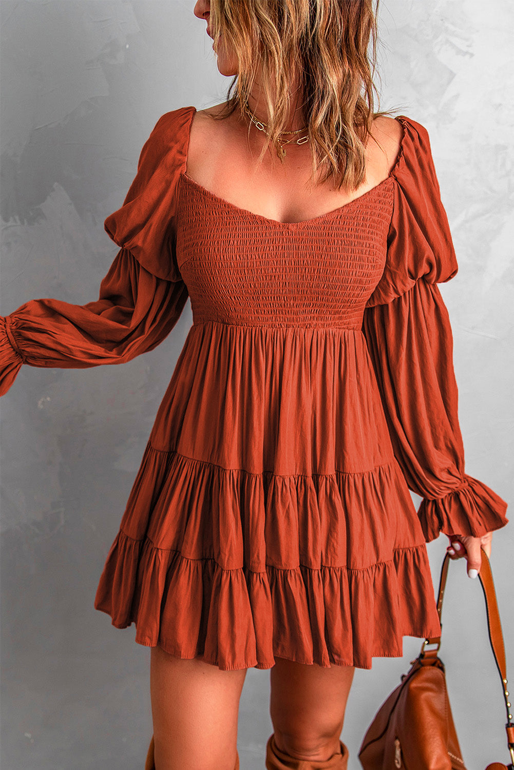 Casual Brown Boho Solid Shirred Ruffle Mini Dress