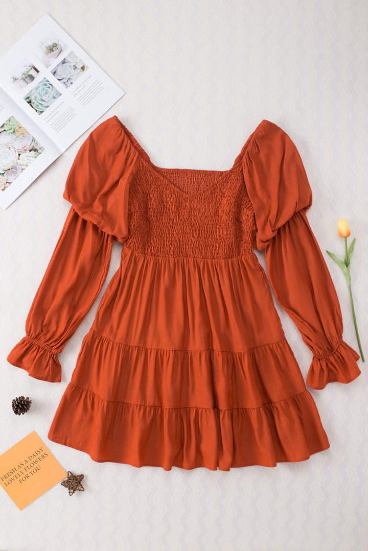 Casual Brown Boho Solid Shirred Ruffle Mini Dress