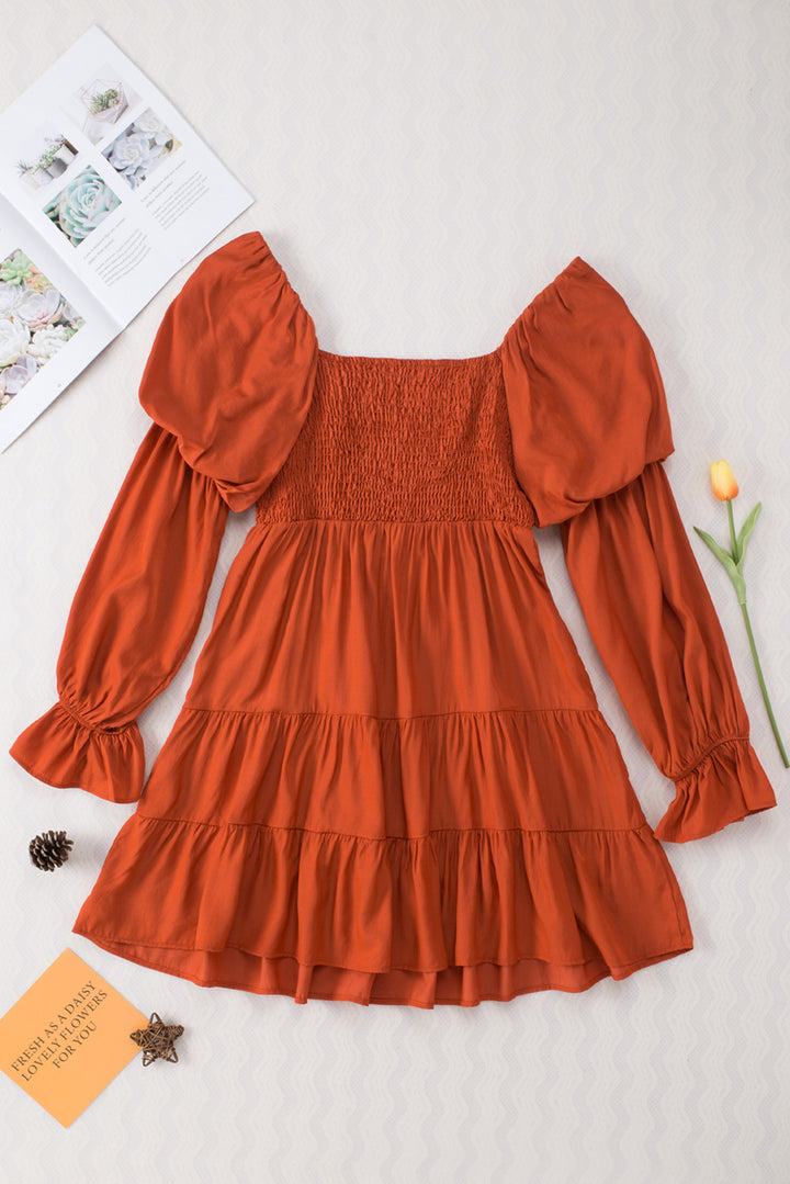 Casual Brown Boho Solid Shirred Ruffle Mini Dress