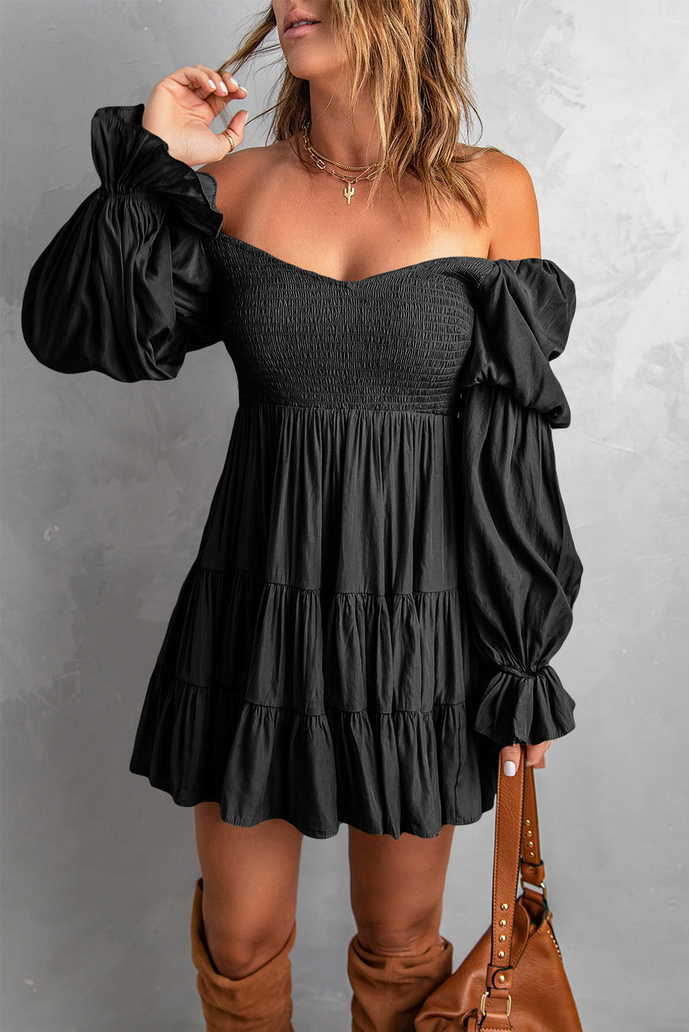 Cute Black Boho Solid Shirred Ruffle Mini Dress