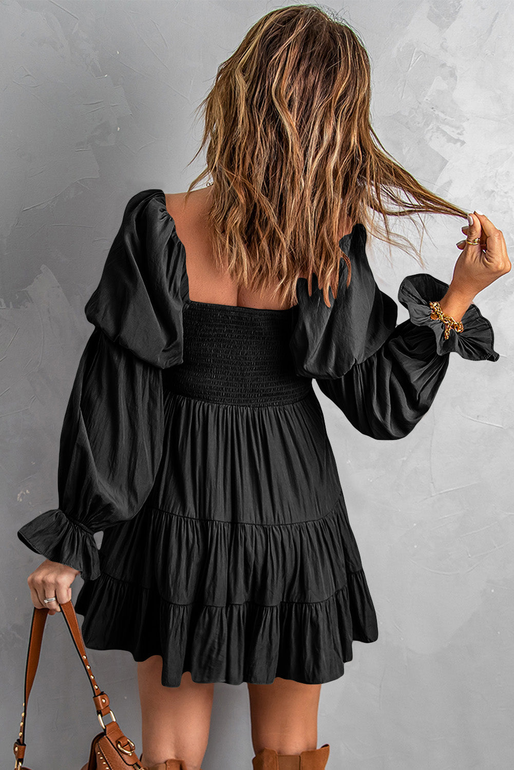 Cute Black Boho Solid Shirred Ruffle Mini Dress