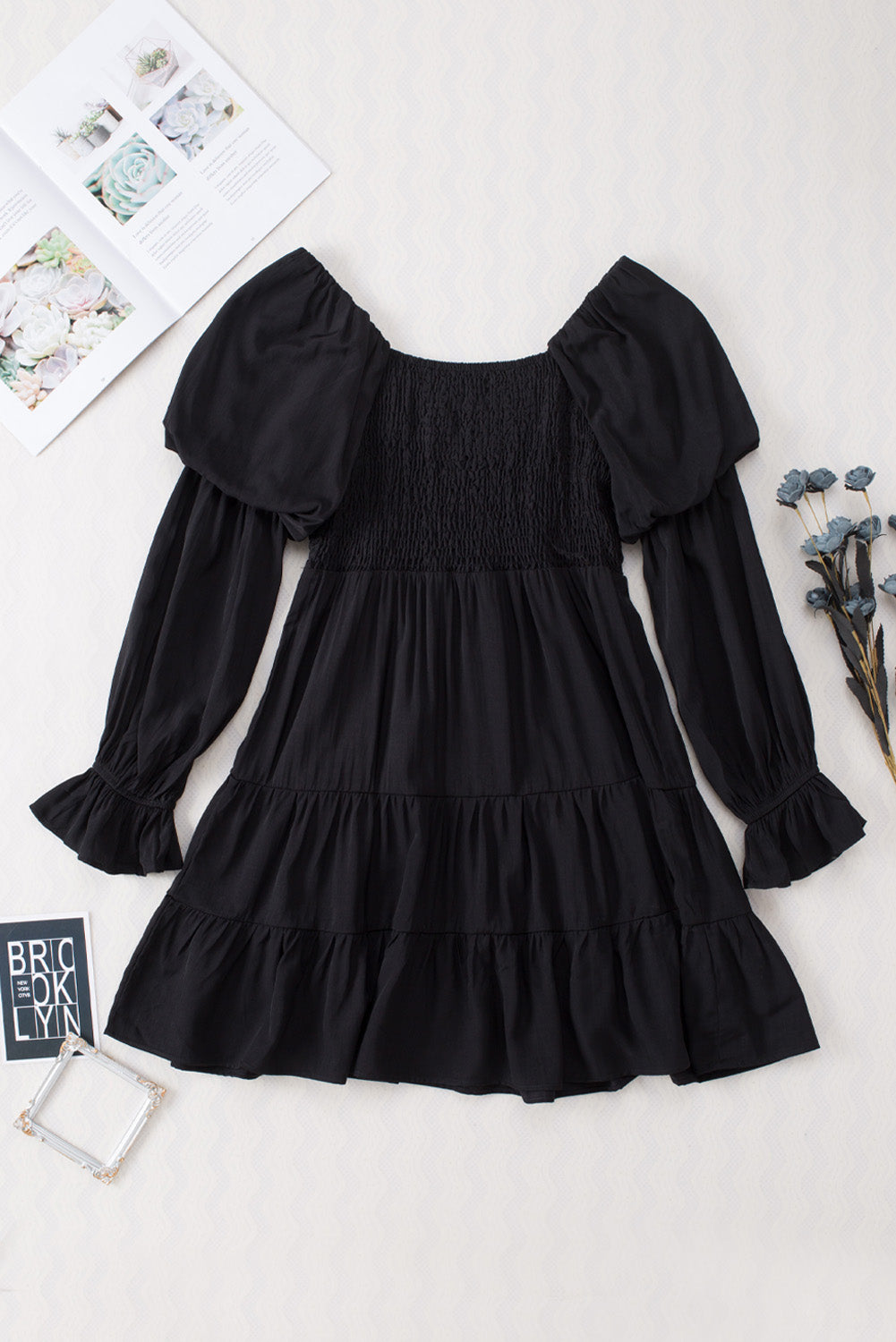 Black Shirred Ruffle Mini Dress