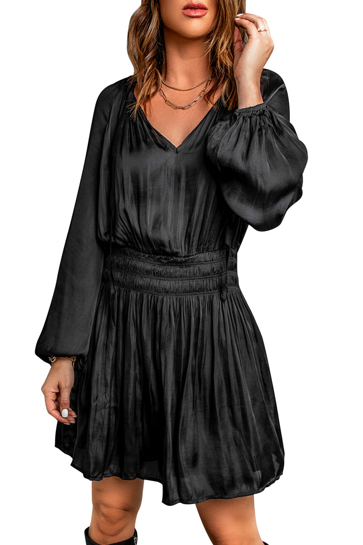 Black Pleated Elastic High Waist Puff Sleeve Mini Dress