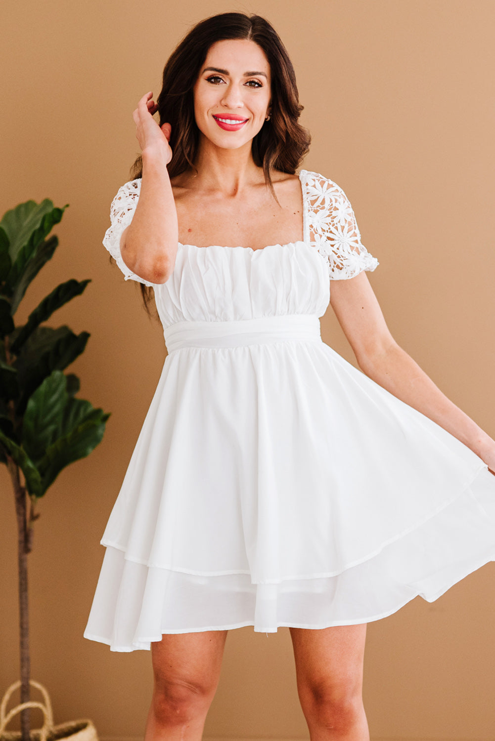 Chic White Square Neck Lace Contrast Ruffles Bow Back A Line Dress