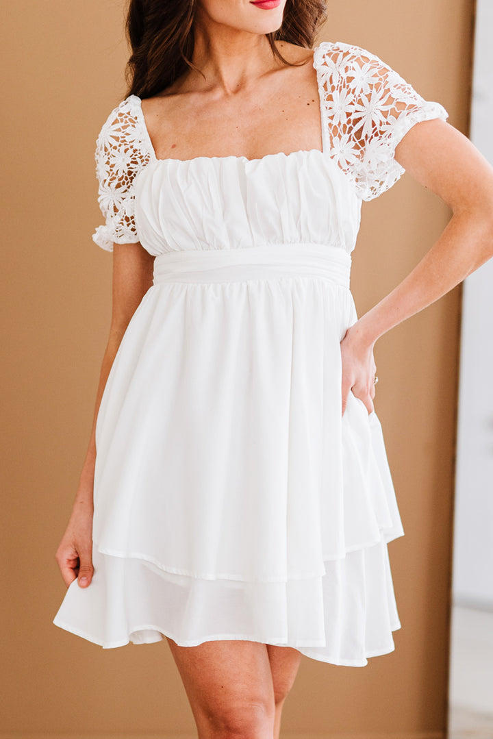 Chic White Square Neck Lace Contrast Ruffles Bow Back A Line Dress