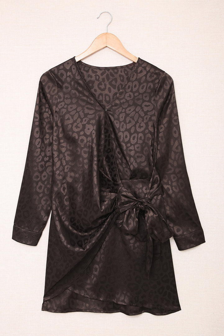 Black Long Sleeve Embossed Leopard Wrap Dress with Tie