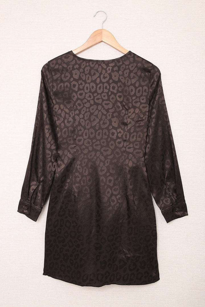Black Long Sleeve Embossed Leopard Wrap Dress with Tie