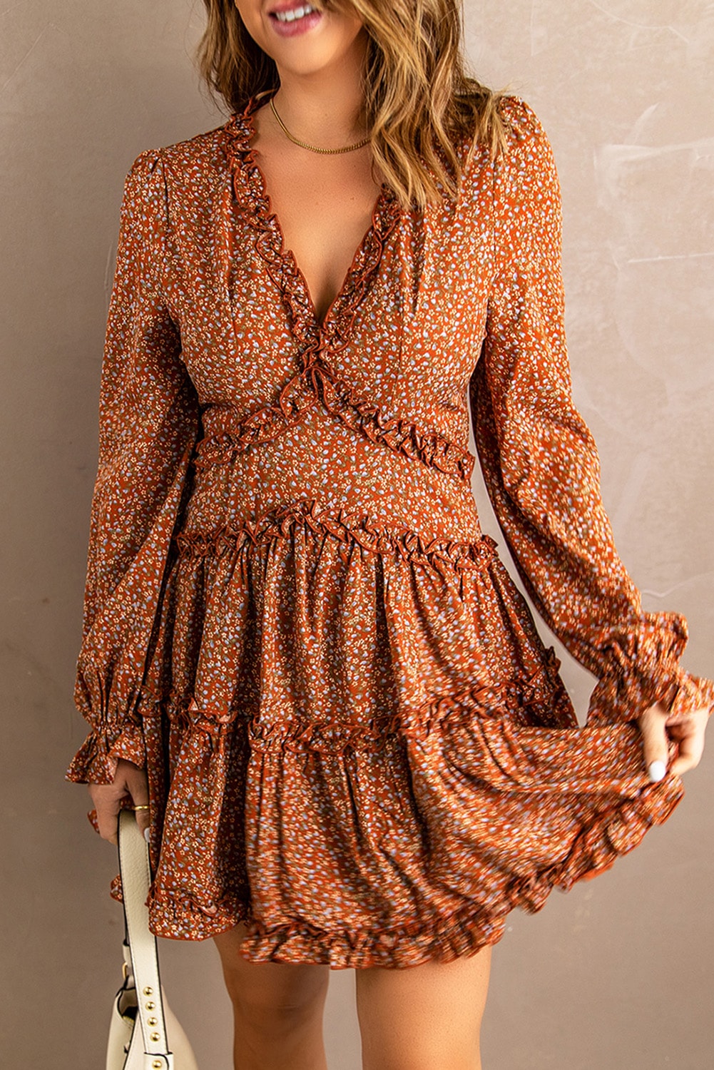 Brown Floral Print Tiered Ruffled V Neck Mini Dress