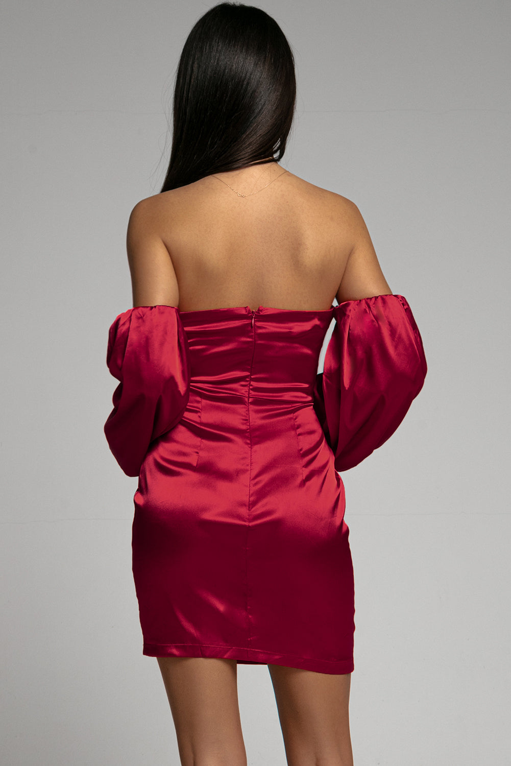Red Bandeau Puff Sleeve Bodycon Mini Dress