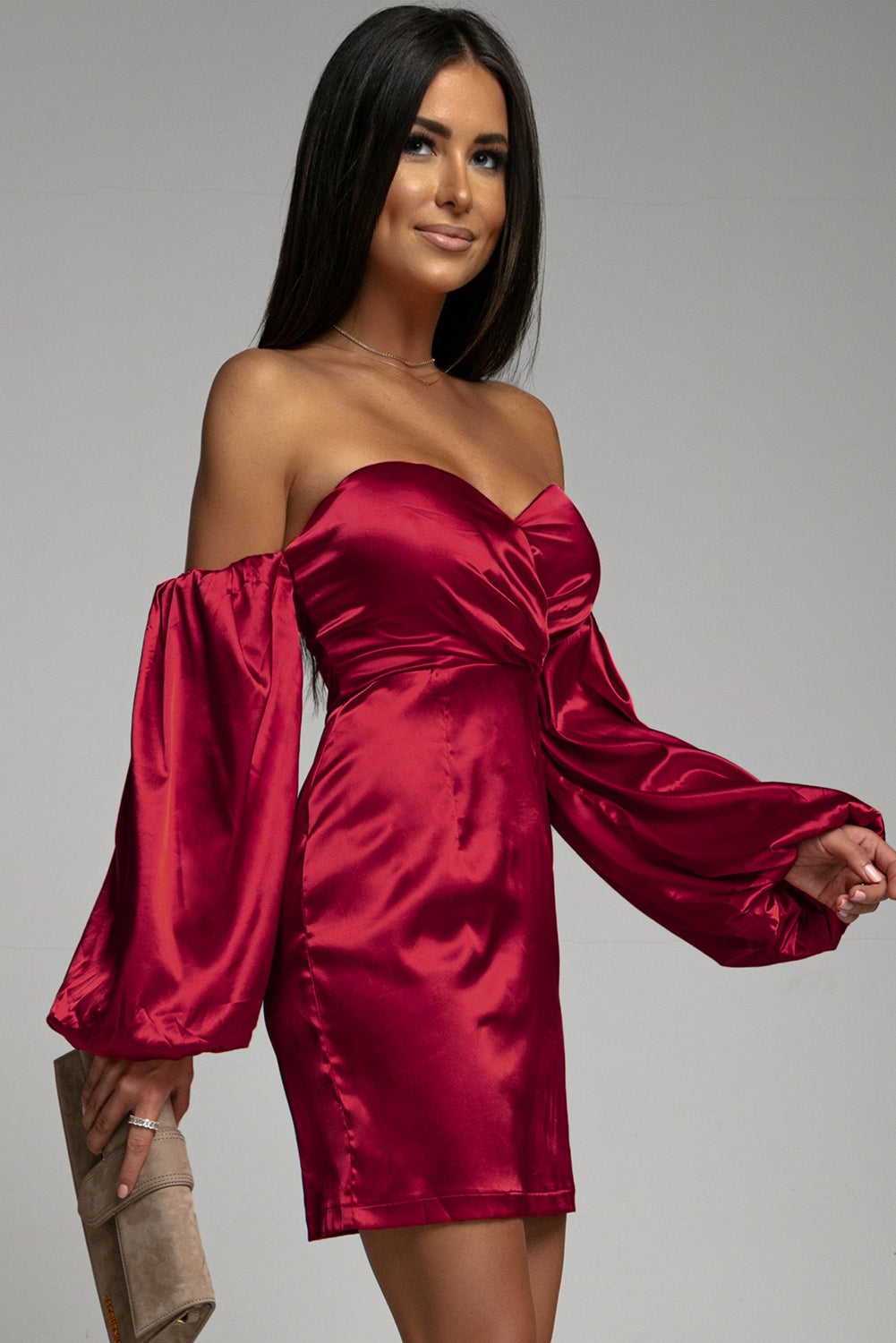 Red Bandeau Puff Sleeve Bodycon Mini Dress