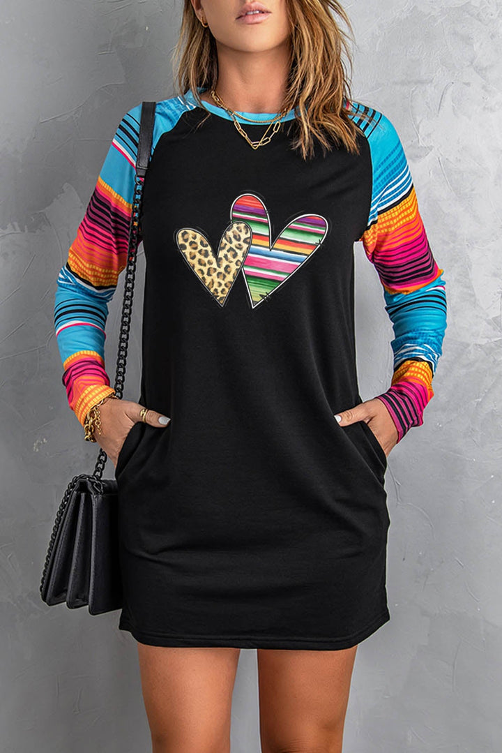 Casual Leopard Serape Hearts Print Raglan Sleeve Mini Dress