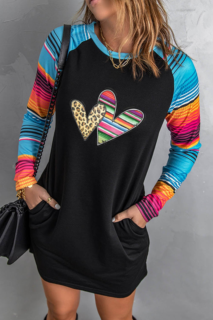 Casual Leopard Serape Hearts Print Raglan Sleeve Mini Dress