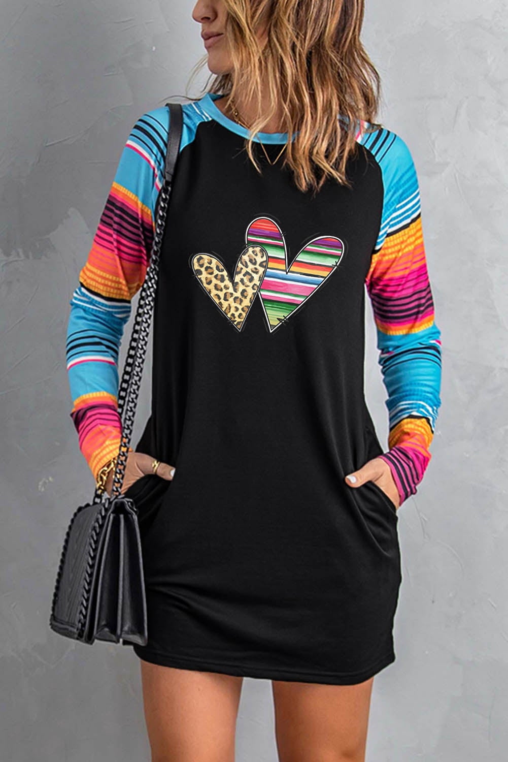 Casual Leopard Serape Hearts Print Raglan Sleeve Mini Dress