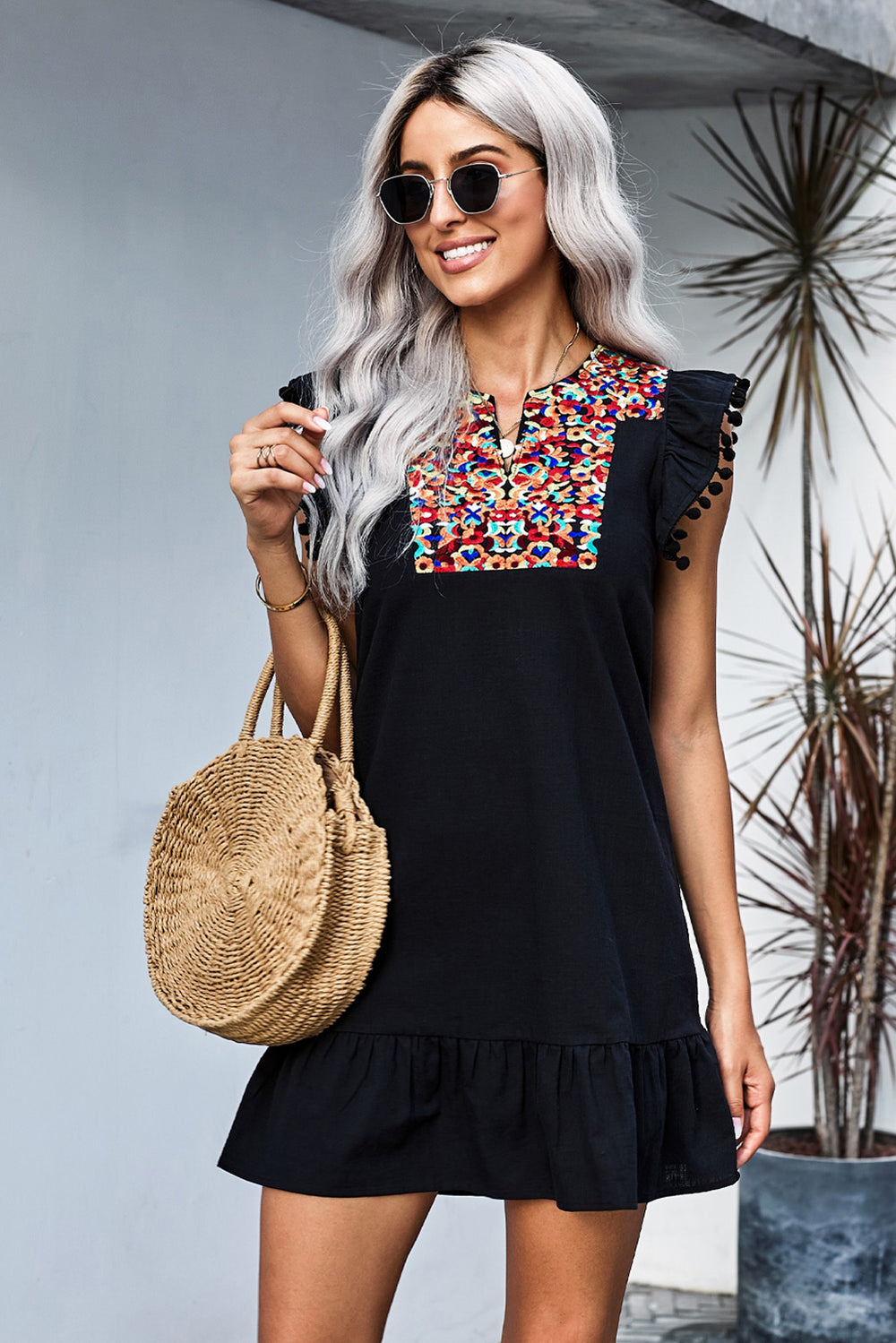 Black Print Pompom Sleeve Shift Boho Dress