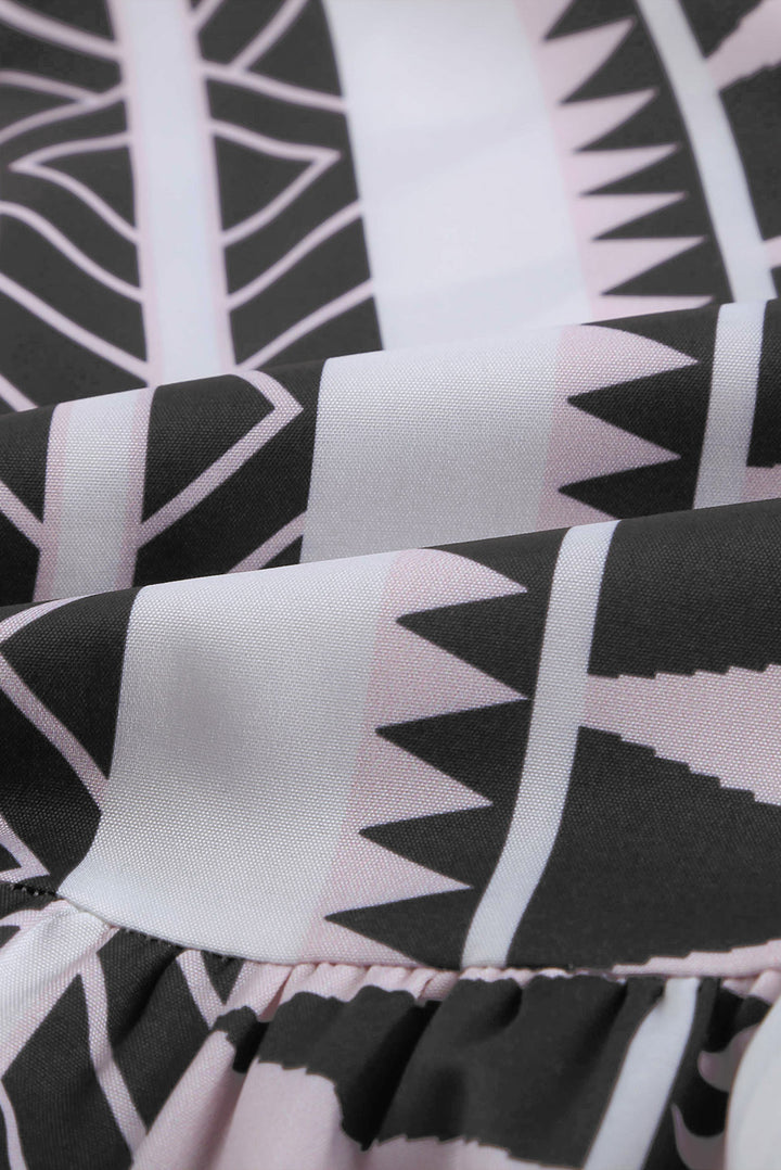 Fashion Black Geometric Print V neck Flare Half Sleeve Ruffle Swing Mini Dress