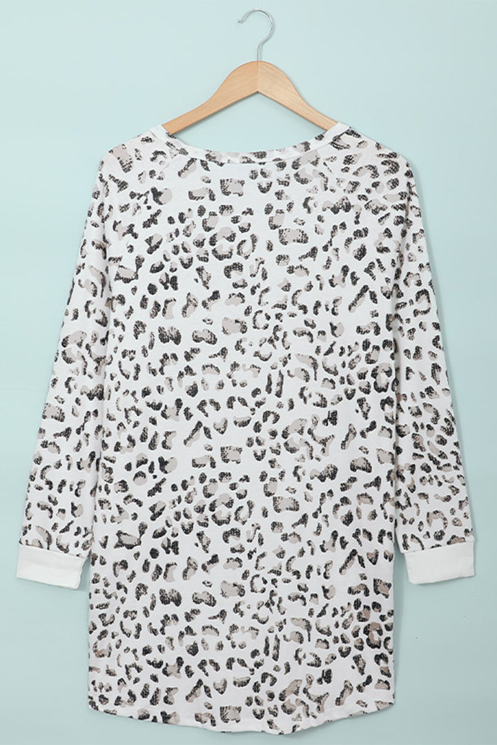 White Leopard Print Crew Neck Long Sleeve Mini Dress