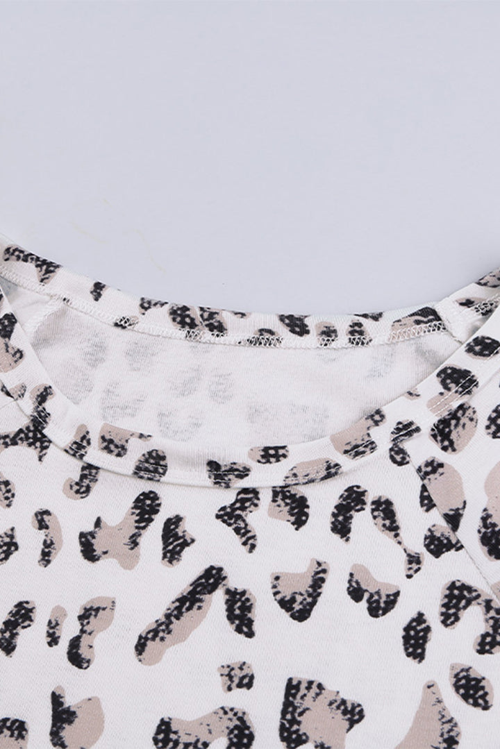 White Leopard Print Crew Neck Long Sleeve Mini Dress