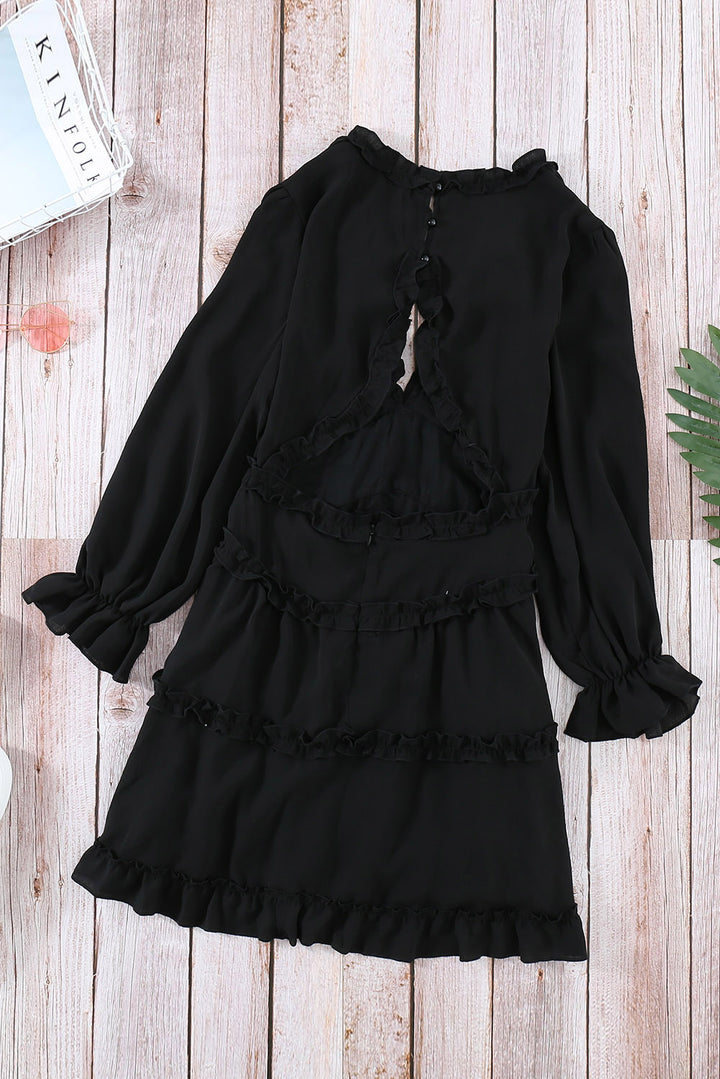 Black V Neck Ruffle Detailing Long Sleeve Open Back Dress