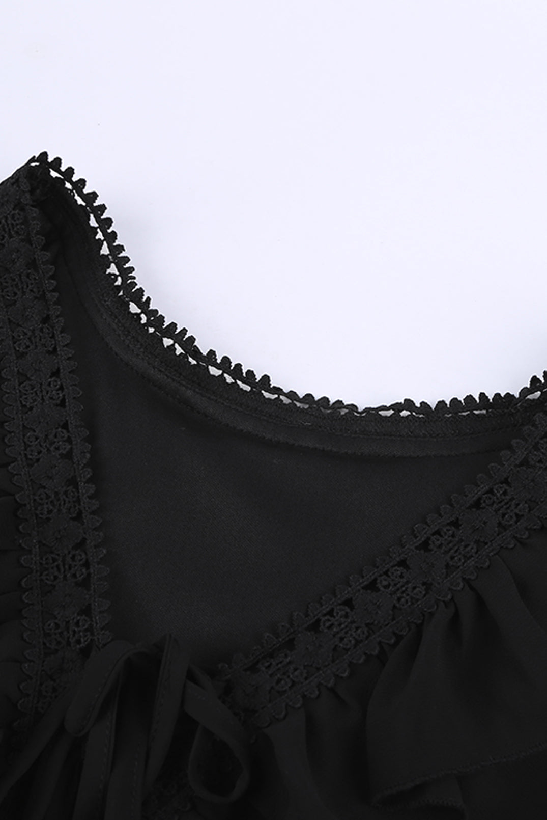 Black Lacy V Neck Long Sleeve Ruffled Mini Dress