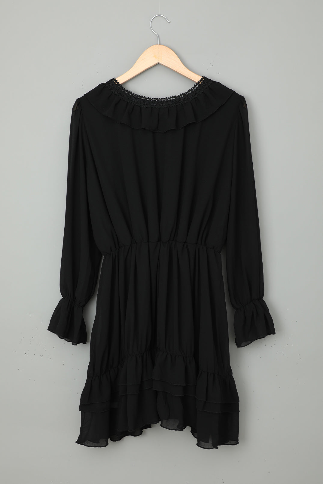 Black Lacy V Neck Long Sleeve Ruffled Mini Dress