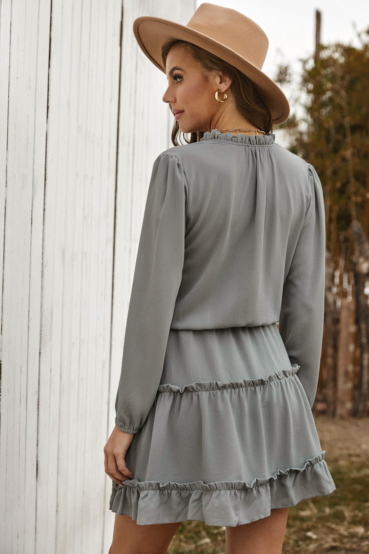 Casual Gray V Neck Long Sleeve Ruffle Tiered Mini Dress