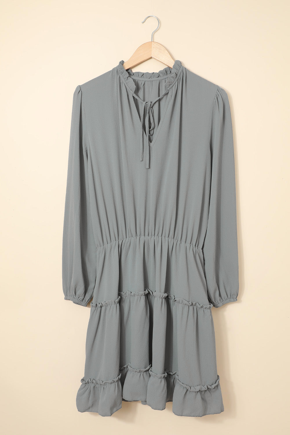 Casual Gray V Neck Long Sleeve Ruffle Tiered Mini Dress ModeShe Casual Gray V Neck Long Sleeve Ruffle Tiered Mini Dress ModeShe