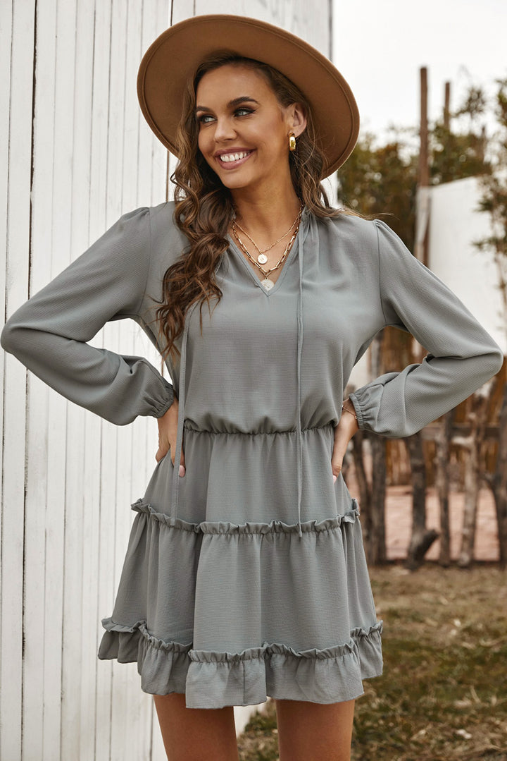 Casual Gray V Neck Long Sleeve Ruffle Tiered Mini Dress