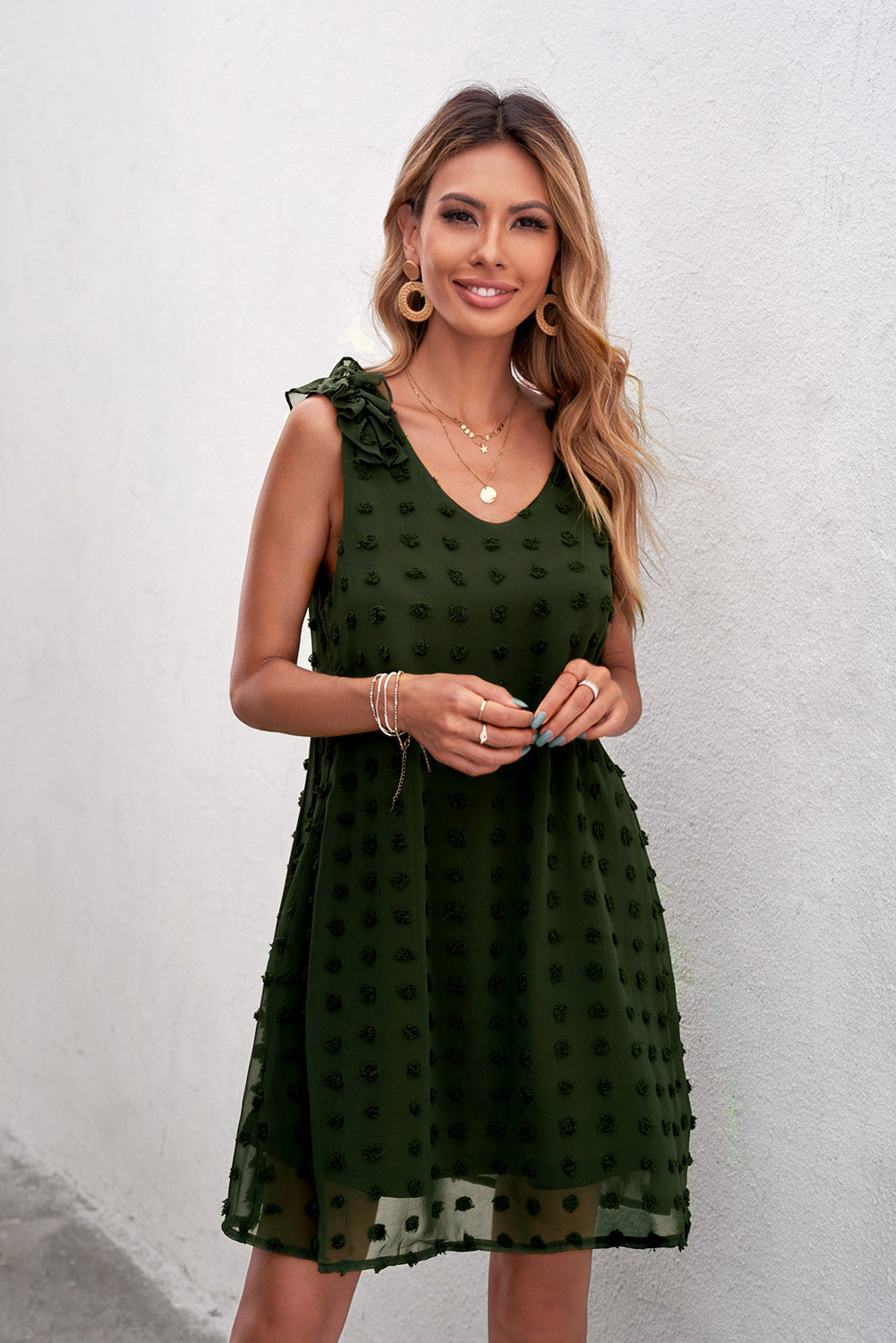 Green Swiss Dot V Neck Ruffled Sleeveless Summer Mini Dress