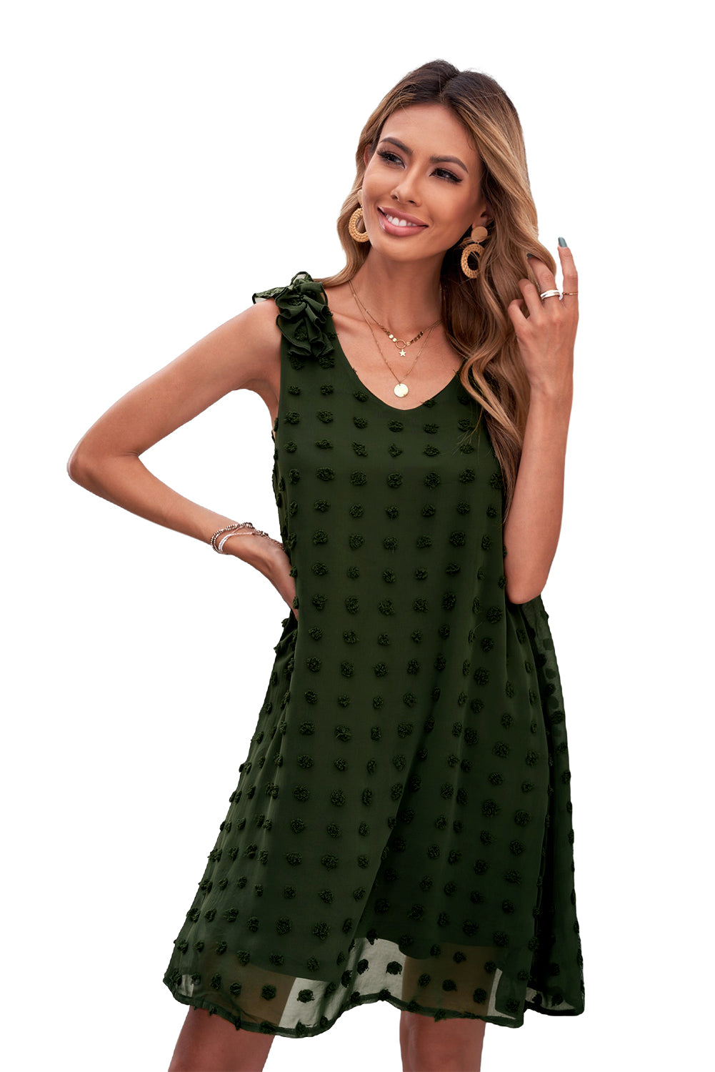 Green Swiss Dot V Neck Ruffled Sleeveless Summer Mini Dress
