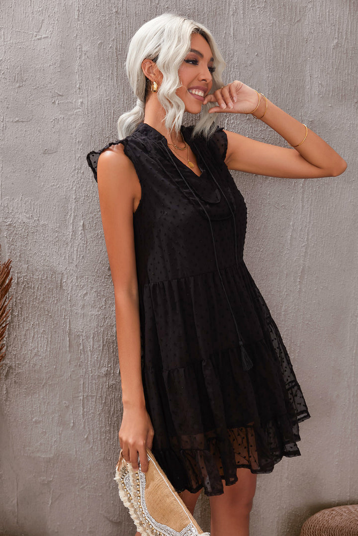 Summer Sleeveless Black Swiss Dot Tiered Babydoll Mini Dress