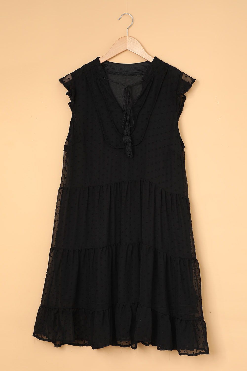 Summer Sleeveless Black Swiss Dot Tiered Babydoll Mini Dress